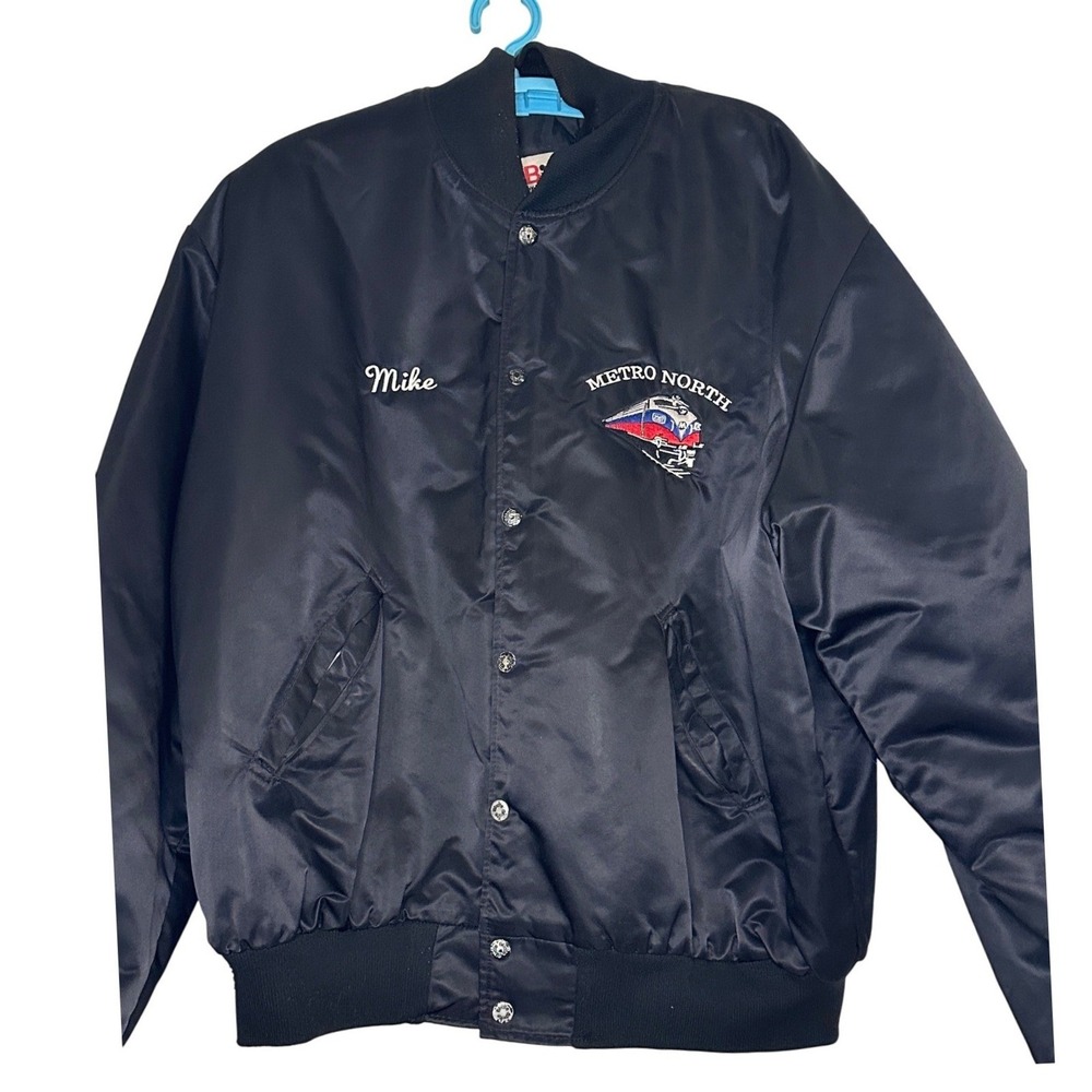 Birdie Bomber Jacket Mens Black Metro North‎ Railroad Satin Quilted Vintage XL